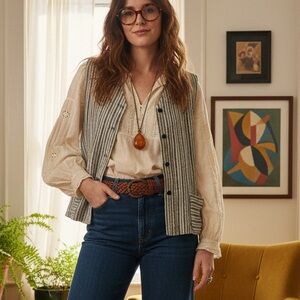 Eileen Fisher Linen Striped Button Front Vest Size L Minimalist Boho Lagenlook